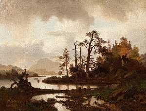 Erik Bodom - Norwegian Skogslandskap med innsjø Forest landscape with lake