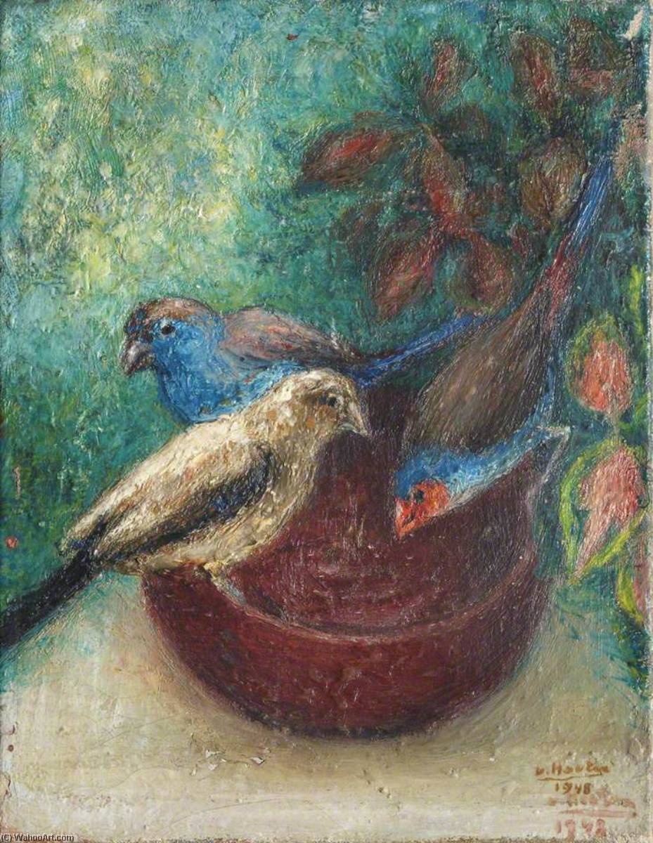 Oil Painting Replica Three Garden Birds on a Red Bowl by Van